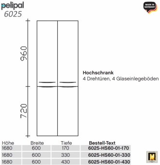Pelipal 6025 Hochschrank 60 cm Breite - 4 Türen - HS 60-01 