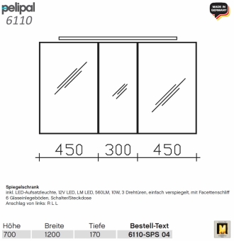 Pelipal 6110 Spiegelschrank 120 cm mit LED Aufsatzleuchte - 6110-SPS 04 