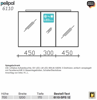 Pelipal 6110 Spiegelschrank 120 cm mit LEDplus Aufsatzleuchte - 6110-SPS 12 