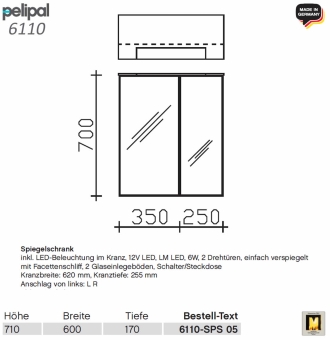 Pelipal 6110 Spiegelschrank 60 cm mit LED in Kranz - 6110-SPS 05 
