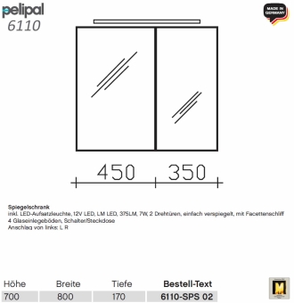 Pelipal 6110 Spiegelschrank 80 cm mit LED Aufsatzleuchte - 6110-SPS 02 