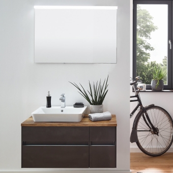 Puris UNIQUE Badmöbel Set 100 cm mit Keramik-Aufsatz-Waschtisch & LED Spiegel - rechts Version 
