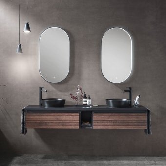 Puris Vialli Design Badmöbel als Doppelwaschtisch Set 180 cm mit rundem Aufsatzwaschtischen 