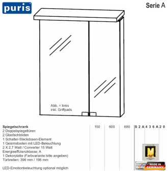 Puris Cool Line Spiegelschrank 60 cm mit LED Gesims (S2A436A20) 