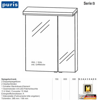 Puris Cool Line Spiegelschrank 60 cm mit LED Flächenleuchte (S2A436A69) 