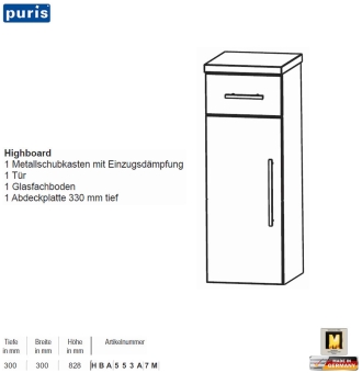 Puris Crescendo Highboard 30 cm Breite mit 1 Schub & 1 Tür 