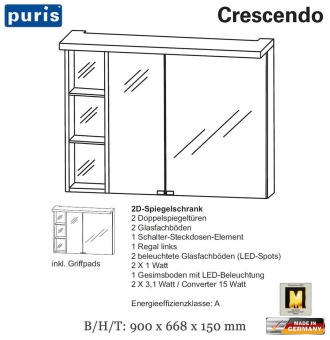 Puris Crescendo LED-Spiegelschrank 90 cm mit Regal links - S2A439L26 