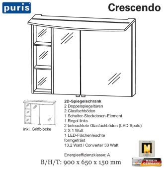 Puris Crescendo Spiegelschrank 90 cm mit LED Flächenleuchte - S2A439L76 