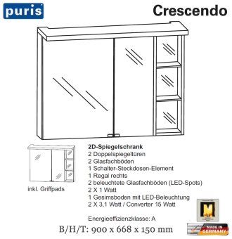 Puris Crescendo LED-Spiegelschrank 90 cm mit Regal rechts - S2A439R26 