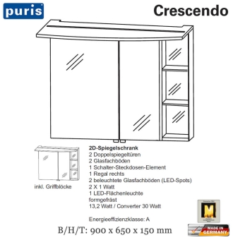 Puris Crescendo Spiegelschrank 90 cm mit LED Flächenleuchte - S2A439R76 