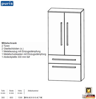 Puris Crescendo Mittelschrank 60 cm Breite mit 2 Türen / 1 Schubkasten / 1 Auszug 