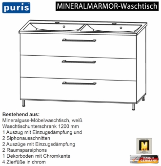 Puris QUADA Waschtisch-Set 120 cm - Mineralmarmor 