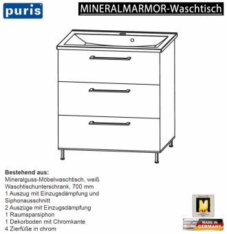 Puris QUADA Waschtisch-Set 70 cm - Mineralmarmor 