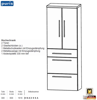 Puris SPEED Hochschrank 60 cm Breite mit 2 Türen + 1 Schubkasten & 2 Auszüge 