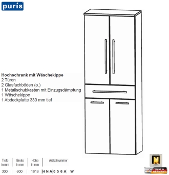 Puris SPEED Hochschrank 60 cm Breite mit 2 Türen + 1 Schubkasten + Wäschekippe 