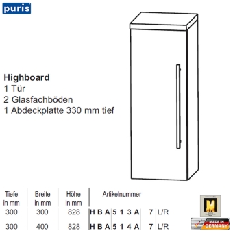 Puris Star Line Highboard - HBA513A7 - 1 Tür 