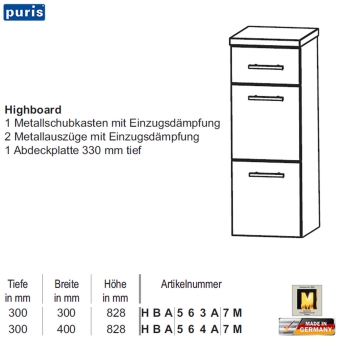 Puris Swing Highboard - HBA563A7M - 3 Auszüge 