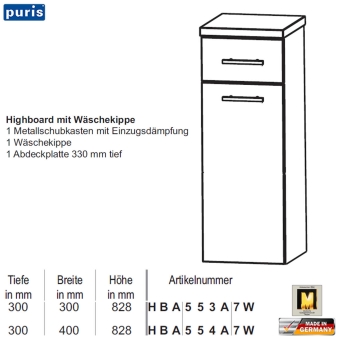 Puris Swing Highboard mit Wäschekippe - HBA553A7W - 1 Auszug 