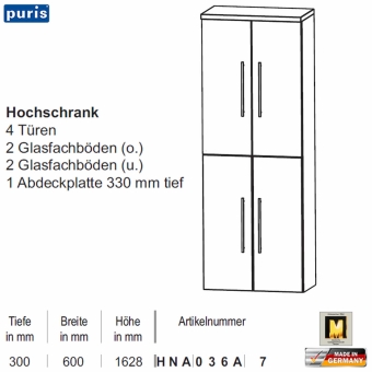 Puris Swing Hochschrank - HNA036A7 - 4 Türen 