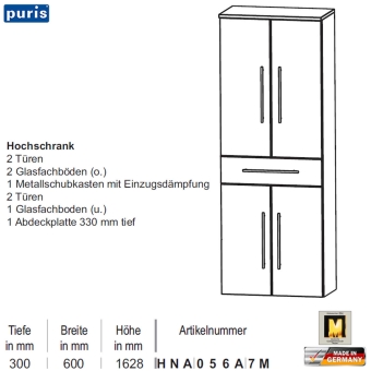 Puris Star Line Hochschrank - HNA056A7M - 4 Türen / 1 Auszug 