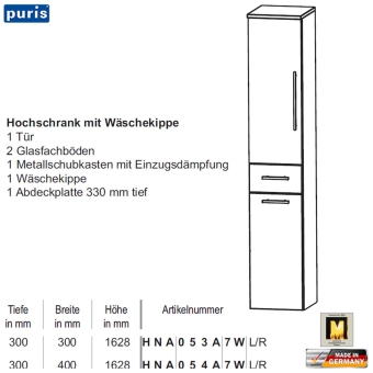 Puris Star Line Hochschrank mit Wäschekippe - HNA053A7W - 1 Tür / 1 Auszug 