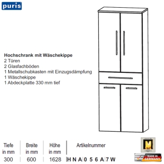 Puris Swing Hochschrank - HNA056A7W - 2 Türen / 1 Wäschekippe / 1 Auszug 