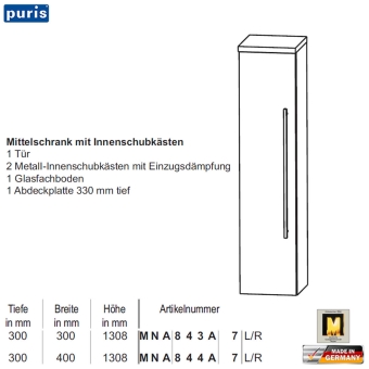 Puris Swing Mittelschrank mit Innenschubkästen - MNA843A7 - 1 Tür 