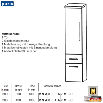 Puris Star Line Mittelschrank - MNA883A7M - 1 Tür / 2 Auszüge 