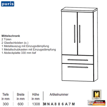 Puris Swing Mittelschrank - MNA886A7 - 2 Türen / 2 Auszüge 