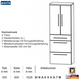 Puris Swing Hochschrank - HNA096A7M - 2 Türen / 3 Auszüge 