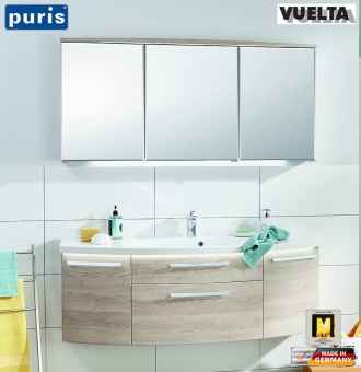 Puris Vuelta Badmöbel Set 141 cm mit Mineralmarmor-Waschtisch und Spiegelschrank mit LED Gesims - V4.1 