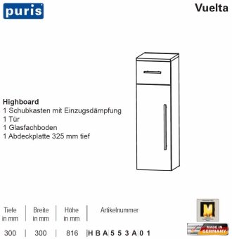Puris Vuelta Highboard - 1 Tür / 1 Auszug - 30 cm - HBA553A01 
