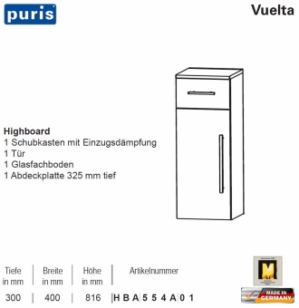 Puris Vuelta Highboard - 1 Tür / 1 Auszug - 40 cm - HBA554A01 