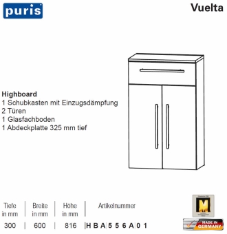 Puris Vuelta Highboard - 2 Türen / 1 Auszug - 60 cm - HBA556A01 