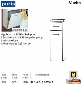 Puris Vuelta Highboard - 1 Auszug / Wäschekippe - 30 cm - HBA553W01 