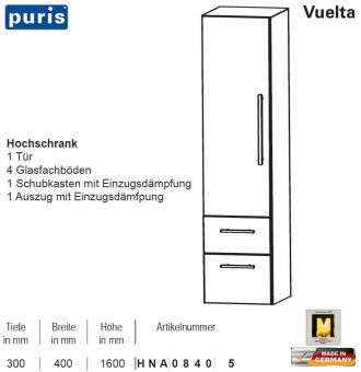 Puris Vuelta Hochschrank - 2 Auszüge / 1 Tür - 40 cm - HNA8405 