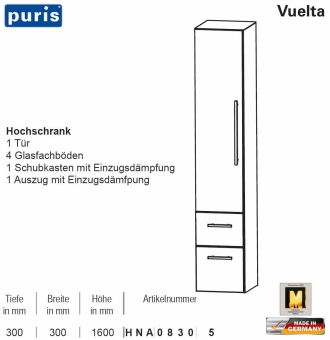 Puris Vuelta Hochschrank - 2 Auszüge / 1 Tür - 30 cm - HNA8305 