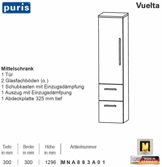 Puris Vuelta Mittelschrank - 2 Auszüge / 1 Tür - 30 cm - MNA883A01 