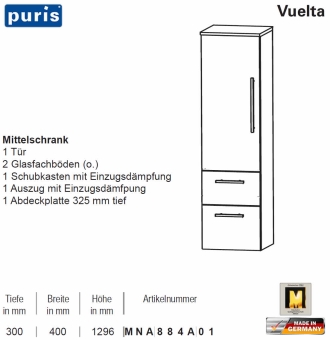 Puris Vuelta Mittelschrank - 2 Auszüge / 1 Tür - 40 cm - MNA884A01 