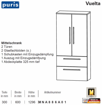 Puris Vuelta Mittelschrank - 2 Auszüge / 2 Türen - 60 cm - MNA886A01 