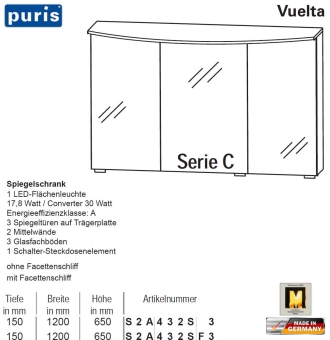 Puris Vuelta Spiegelschrank 120 cm mit LED-Flächenleuchte - Variante C 