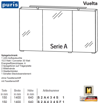 Puris Vuelta Spiegelschrank 140 cm mit LED Aufsatzleuchte - Variante A 