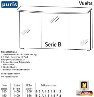 Puris Vuelta Spiegelschrank 140 cm mit LED-Gesims - Variante B 