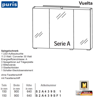 Puris Vuelta Spiegelschrank 90 cm mit LED Aufsatzleuchte - Variante A 