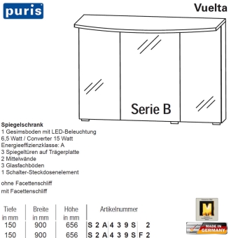 Puris Vuelta Spiegelschrank 90 cm mit LED-Gesims - Variante B 