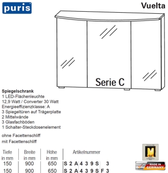 Puris Vuelta Spiegelschrank 90 cm mit LED-Flächenleuchte - Variante C 