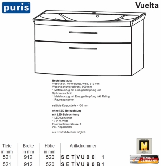Puris Vuelta Waschtisch-Set 91 cm mit Mineralmarmor-Waschtisch und Unterschrank mit 2 Auszügen 