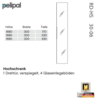 Pelipal neutraler Hochschrank 168 cm mit Spiegeltür - RD-HS 30-06 