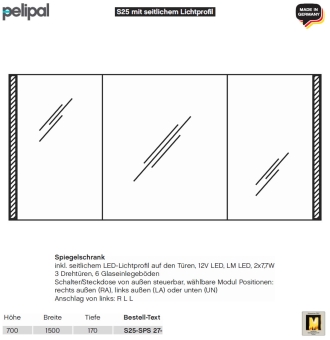 Pelipal neutraler LED Spiegelschrank 150 cm - S25 - seitliche LED Profile 