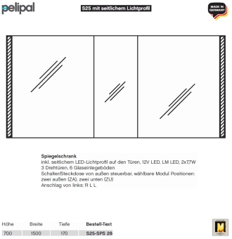 Pelipal neutraler LED Spiegelschrank 150 cm - S25 - seitliche LED Profile - für Doppelwaschplatz 